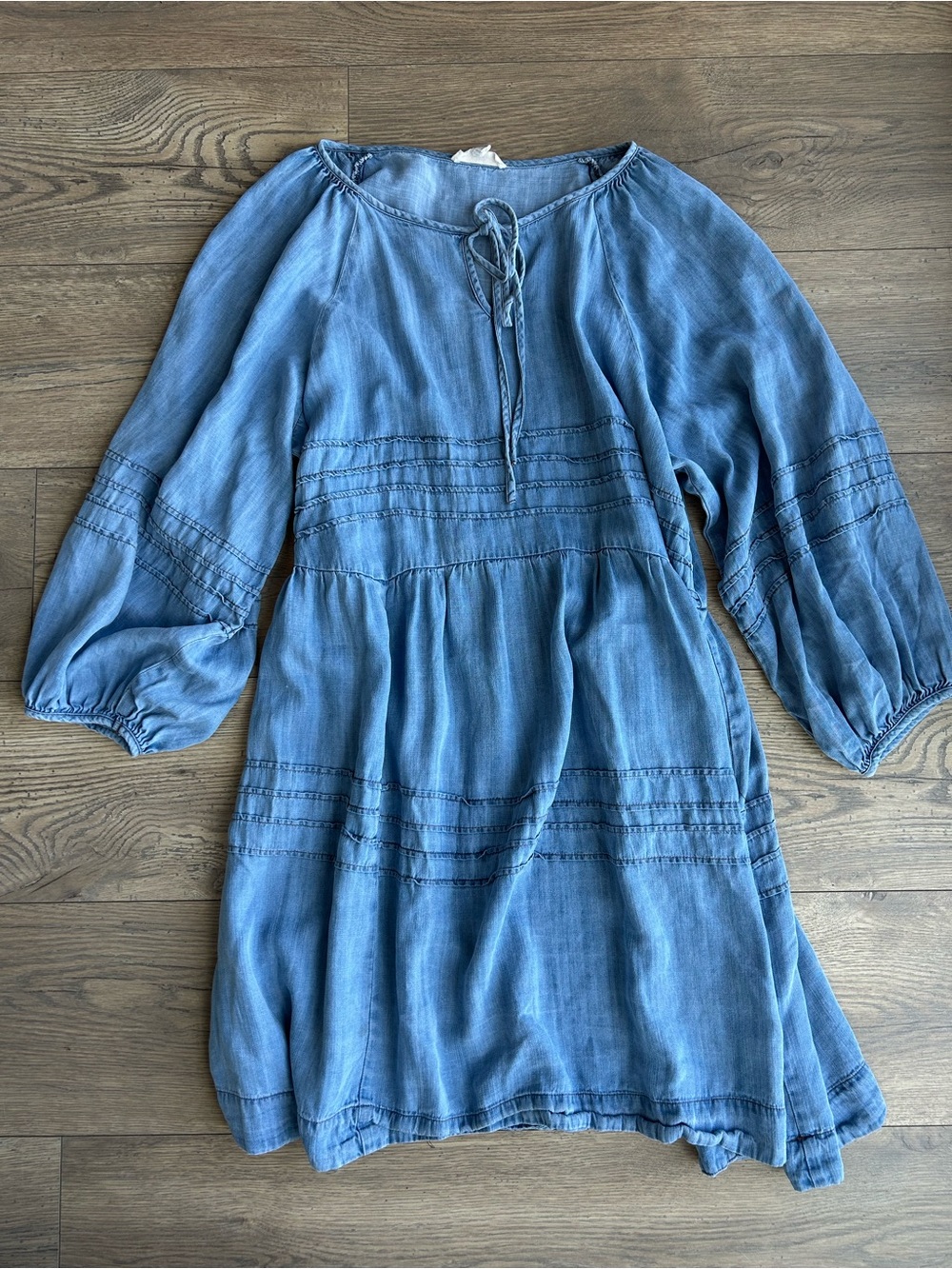 Easel Chambray Boho Tie-Neck Dress